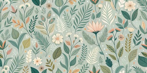 A Delicate Pattern of Soft Green Leaves and Pastel Blossoms on a Light Green Background