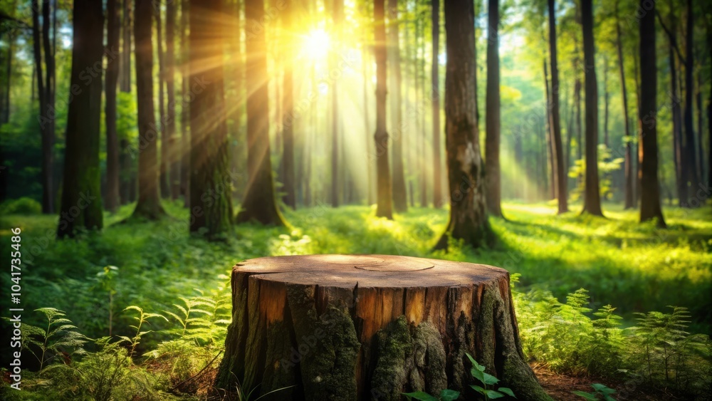 Poster a weathered tree stump sits amidst a lush forest, bathed in the golden glow of the morning sun, crea