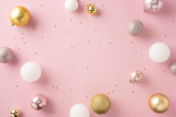 A stylish arrangement of gold, white, and pink Christmas baubles on a pink backdrop creates a...