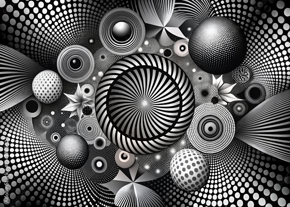 Poster abstract geometric patterns in black and white with stripes and spirals for modern design projects