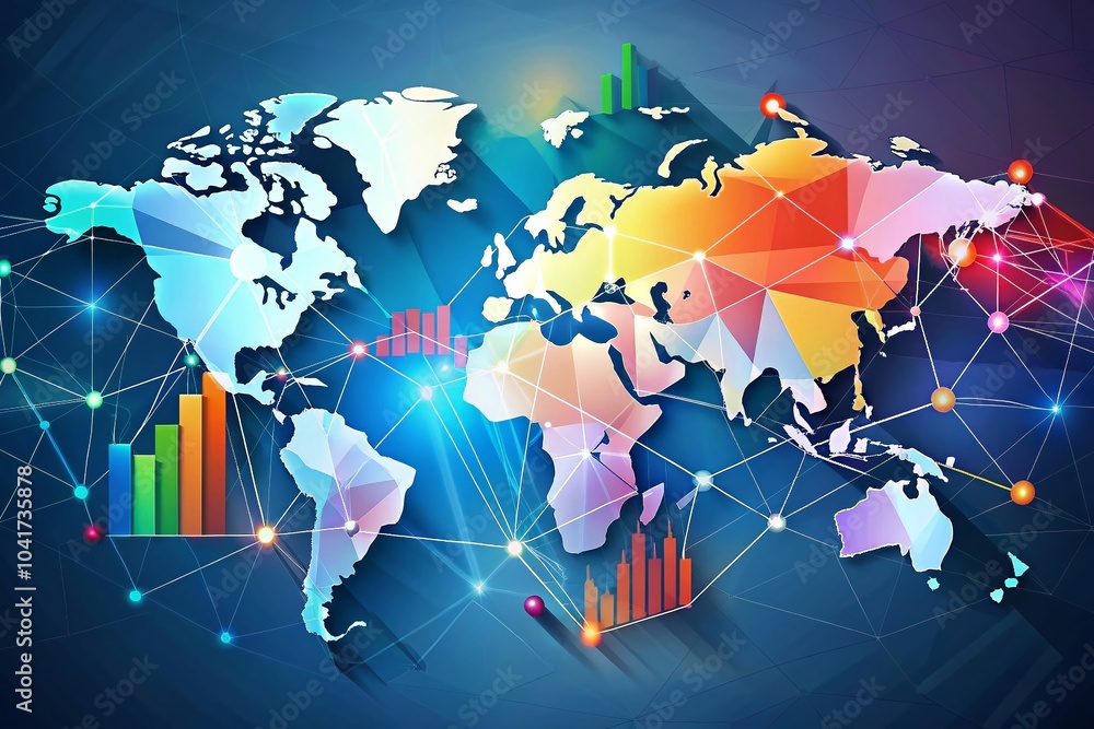 Poster abstract geometric world map infographic with data visualization elements for modern business presen