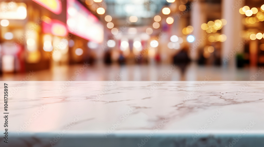 Poster empty marble table top with blurred shopping mall background providing a space to display your produ