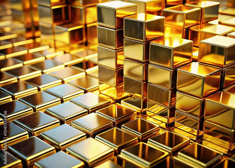 Poster abstract golden metallic blocks with intricate patterns for stunning tilt-shift photography