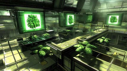 Fototapeta premium A photograph showcasing a futuristic high tech kitchen featuring floating holographic displays providing virtual meal guides and cooking information The sleek