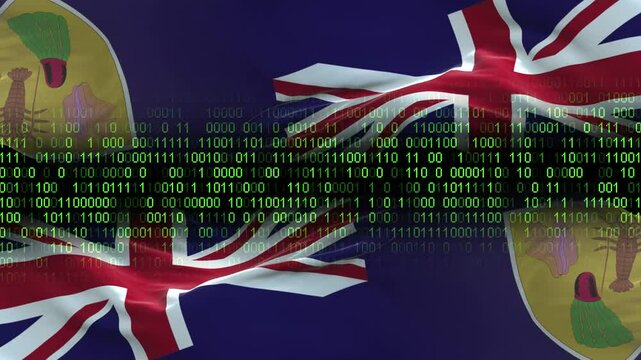 Turks and Caicos Islands flag - 3D realistic waving flag on matrix digital background with binary code