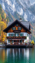 Fototapeta premium Chalet near a lake, A lake house between the trees in breathtaking nature. The house in the greenery near the lake. Reflected on water. Country side, forest and lake with house. 