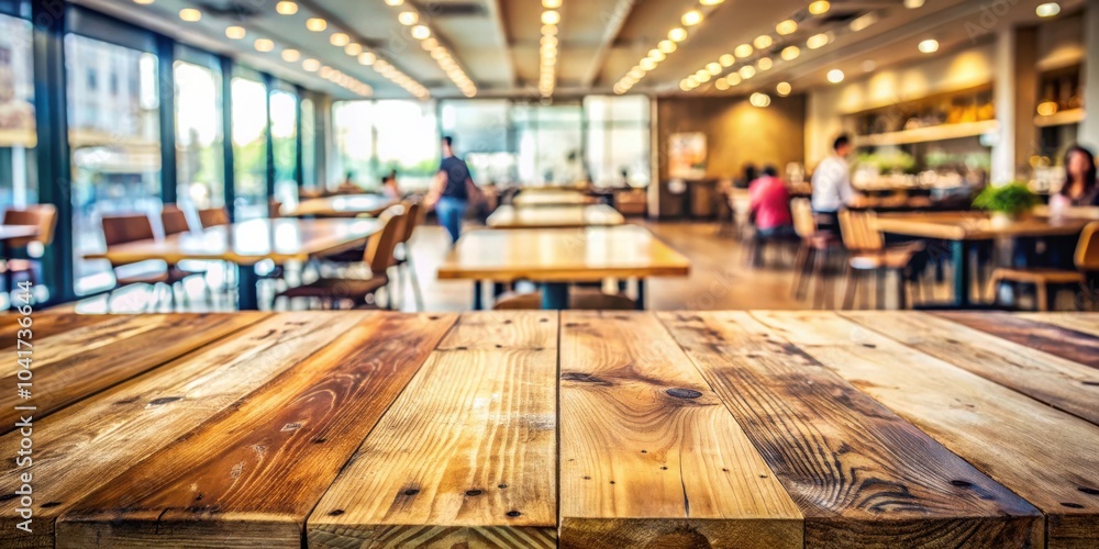 Poster a rustic wooden tabletop in a blurred cafe setting with warm lighting