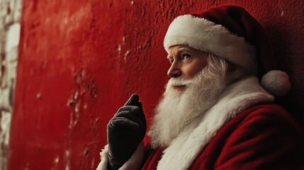 Santa Claus showing something against a red wall in a festive pose. Photo captured for a glamorous magazine with volumetric lighting.