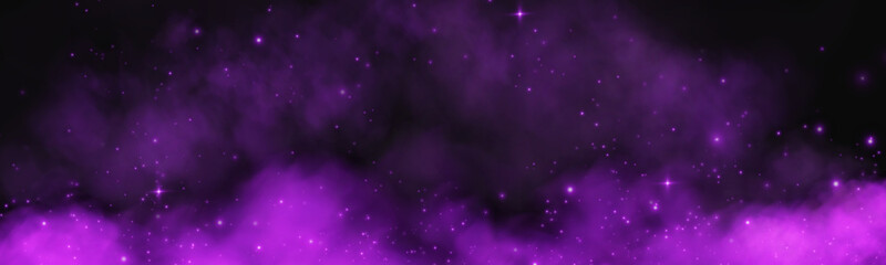 Fantastic smoke background. Magic smoke with glitter and small particles of shimmering stars, fog with glowing particles, purple vapour with stardust. Vector illustration.
