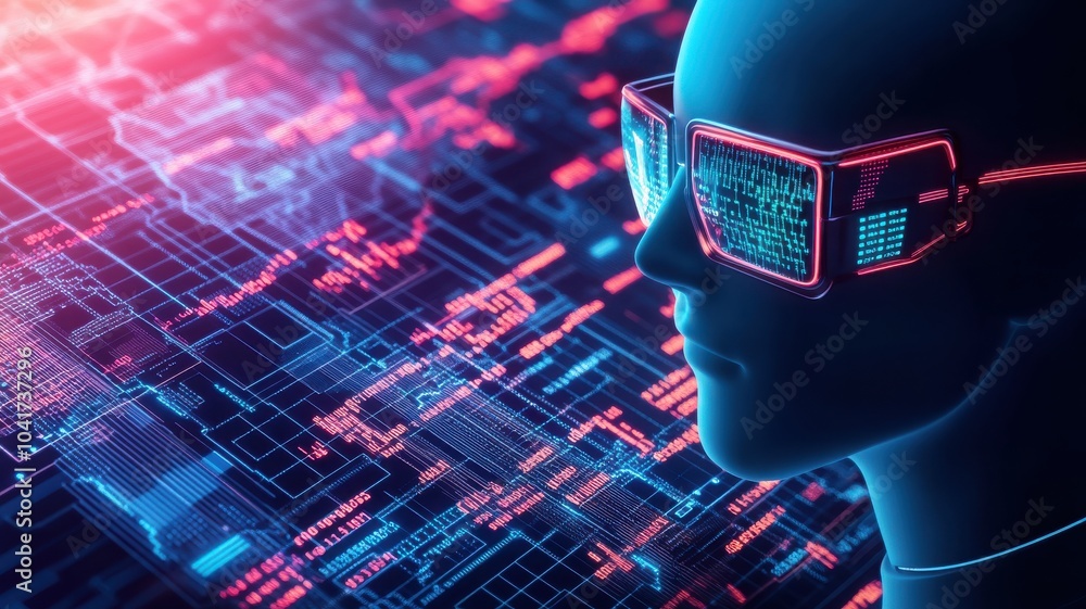Poster a futuristic representation of technology with a digital face and virtual reality glasses, showcasin