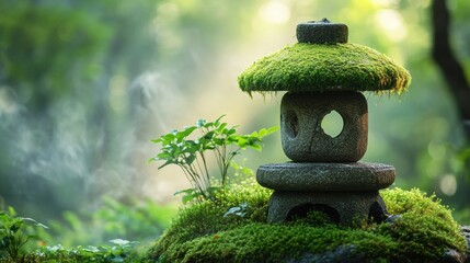 Close-up of a stone lantern covered in moss in a tranquil Japanese garden