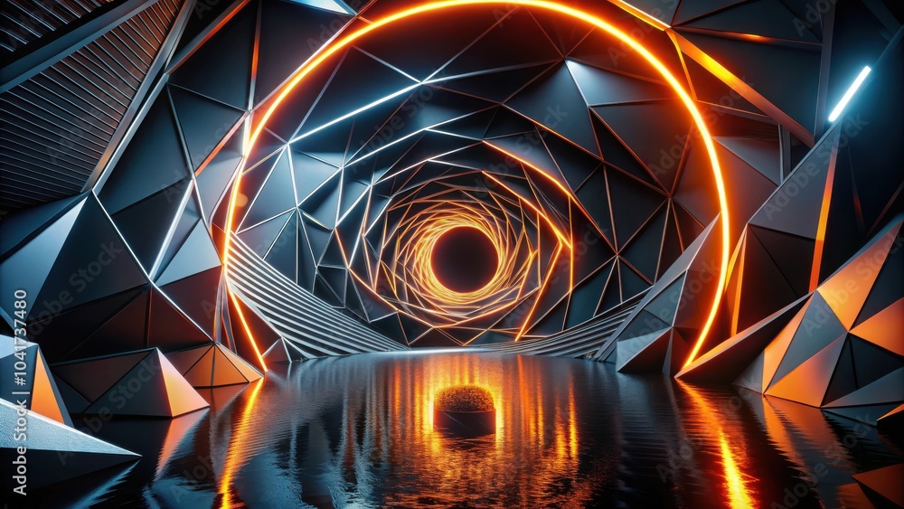 Aufkleber abstract tunnel of glowing orange and white lights within a geometric structure reflecting in still 