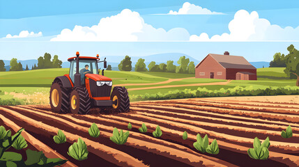 Fototapeta premium A farmer driving a tractor across a lush green field planting crops on a sunny day near a rural barn