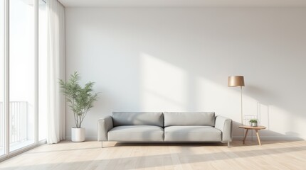 Fototapeta premium Modernes Wohnzimmer mit stilvoller, minimalistischer Einrichtung und gemütlichen Sofa