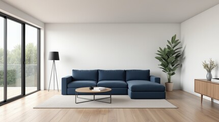 Modernes Wohnzimmer mit stilvoller, minimalistischer Einrichtung und Sofa in blau