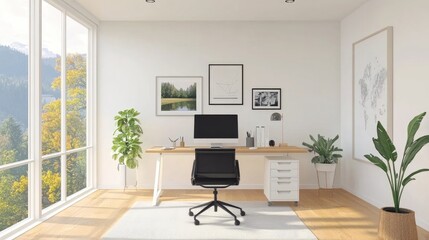 Fototapeta premium Modern Minimalist Home Office Design with Nature View