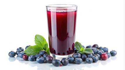 Blueberry juice in a forced perspective shot on white background