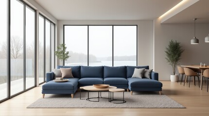 Modernes Wohnzimmer mit stilvoller, minimalistischer Einrichtung und Sofa in blau