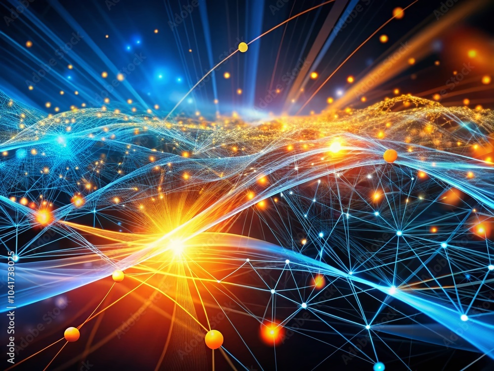 Poster abstract pulsating lines and dots in blue and orange - technology and data connectivity