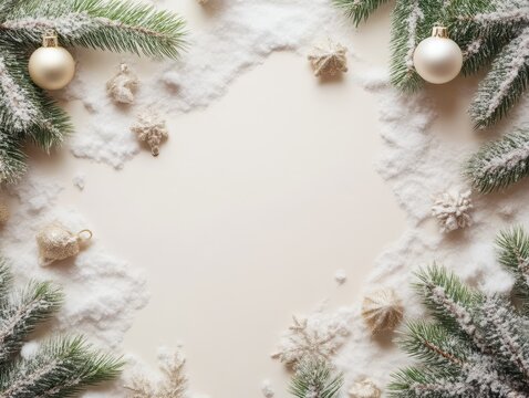 Christmas and New Year holiday background with snow effect. Flat lay. 8K photo taken for a glamorous magazine with volumetric light.