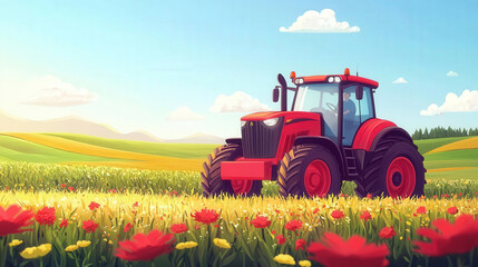 Obraz premium vibrant red tractor stands in colorful field of flowers under bright sky