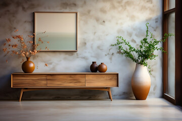Wooden chest of drawers against a concrete wall with plants. Interior made of natural materials