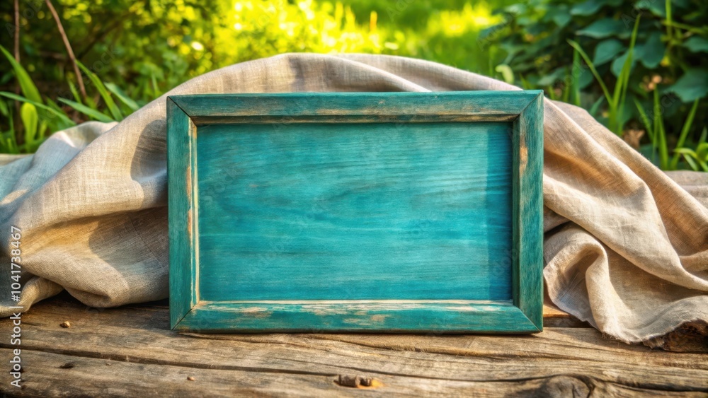 Poster rustic wooden frame with a teal finish resting on weathered wood with natural fabric draped nearby