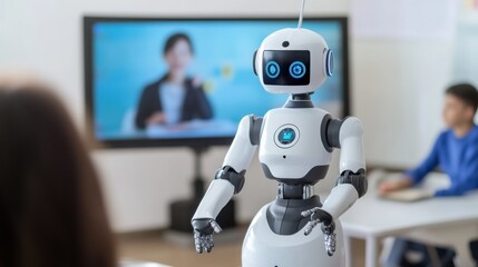 A robotic teacher conducting interactive lessons in a virtual classroom for students around the globe, educational and global setting with virtual classroom technology and diverse student profiles