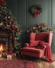 Empty holiday room set against a festive backdrop, offering ample copy space for holiday messages. Photo captured with volumetric lighting for a premium magazine look.