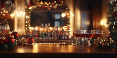 Christmas party scene focused on elegant decorations at the bar, creating a lively holiday atmosphere. Photo captured with volumetric lighting for a premium magazine.
