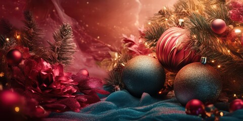 Holiday-themed background blending festive elements in a vibrant Christmas design. Photo captured with volumetric lighting for a glamorous magazine spread.
