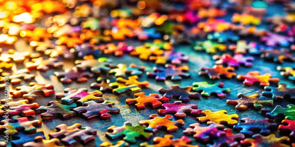 Poster a vibrant jigsaw puzzle showcasing a spectrum of colors, each piece representing a unique aspect of 