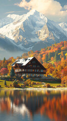 Fototapeta premium Chalet near a lake, A lake house between the trees in breathtaking nature. The house in the greenery near the lake. Reflected on water. Country side, forest and lake with house. 