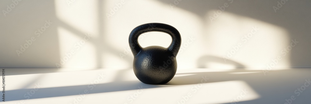 Poster A black kettlebell sits on a bright surface, casting shadows in the daylight, showcasing its simplicity and suitability for exercise routines. Generative AI