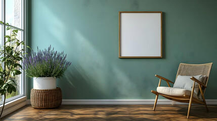Minimalist Living Room Design with Lavender Plant, Wooden Chair, and a Blank Frame on a Teal Wall