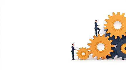 A visual representation of teamwork and progress, featuring two business figures climbing and interacting with large gears, symbolizing collaboration and innovation.