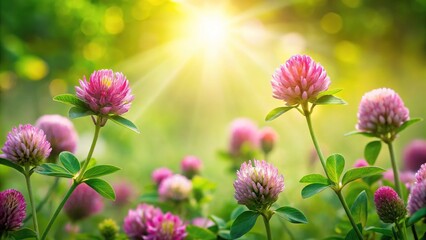 Fototapeta premium Boho postcard mix of clover flowers and leaves POV