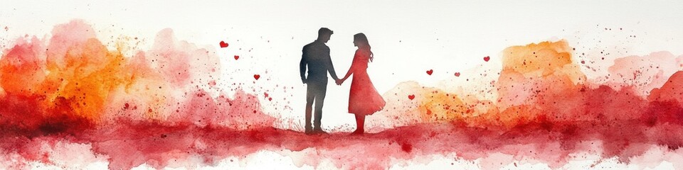 Silhouetted couple holding hands in a watercolor landscape with red and orange tones.