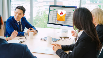 Fototapeta premium Cyber attacking concept. Malware alert showing on computer screen display scam and threat detection on computer system or online server to be removed snugly.