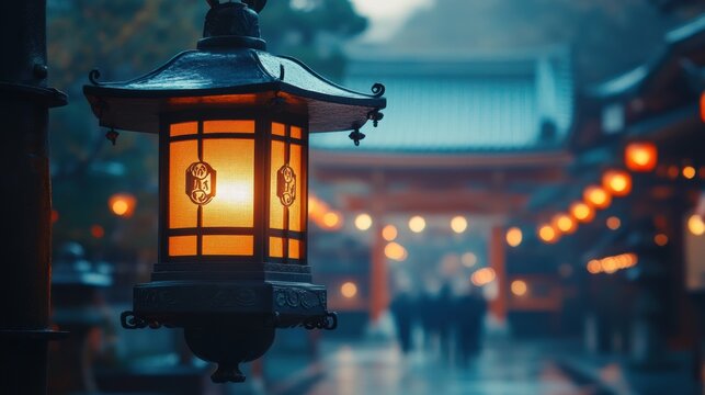 Traditional Japanese lantern in front of a temple entrance
