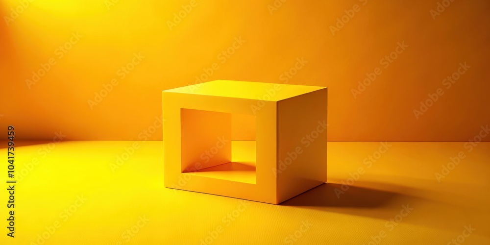 Poster A single yellow cube with a cutout sits on a yellow surface against a yellow wall. The cube casts a shadow.