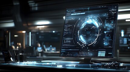 Fototapeta premium Sleek and Sophisticated Home Office with Cutting Edge Technology A Minimalist Workspace Designed for Maximum Productivity and Efficiency