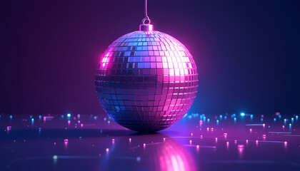 Fototapeta premium Retro disco ball in purple lighting, neon illustration, perfect for vibrant, nostalgic designs or party-themed visuals.