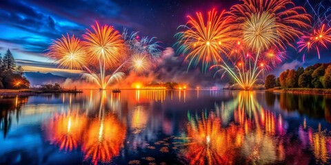 Obraz premium Fiery Bursts of Colorful Pyrotechnics Lighting Up the Night Sky Over a Picturesque Landscape Scene