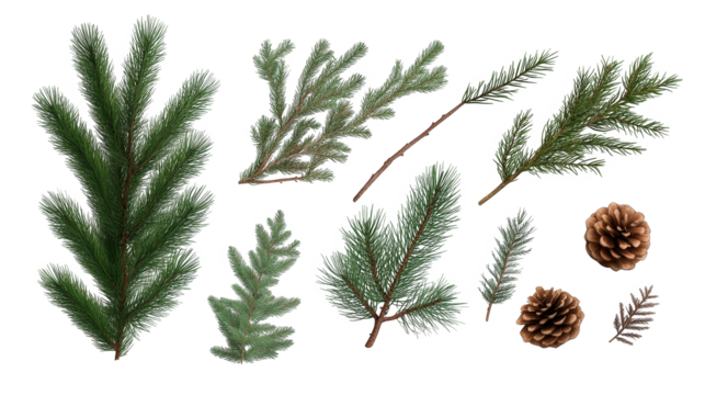 A collection of various green conifer branches and pine cones arranged artistically on a black background.