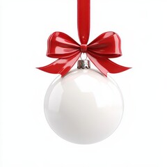 3D rendered Christmas ball tag hanging with a shiny red ribbon and bow, isolated on white for decoration. Christmas illustration.
