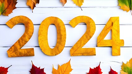 Numbers 2024 made of autumn leaves. Year 2024.