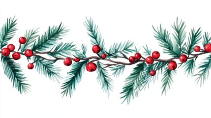 Watercolor garland with fir branches and red berries for cards and invitations. 8K illustration.