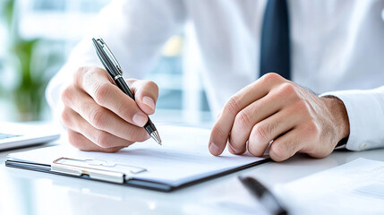 A businessman writes on paper at the table.