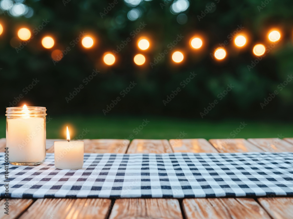 Poster two lit candles sit atop a black and white checkered tablecloth on a wooden table with string lights